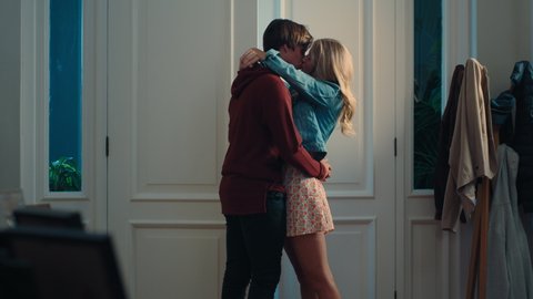 happy teenage couple first kiss girl kis, Stock Video