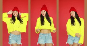 Girl in yellow sweater in shorts and hat on red background. Collage of vertical videos