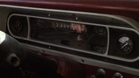 Dashboard in an Old Vintage Pickup Truck. Close-Up.