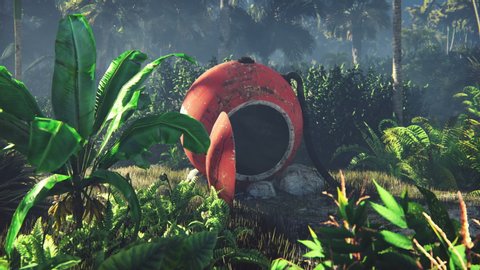 Wrecked space capsule lies in the jungle in the middle of palm trees and tropical vegetation