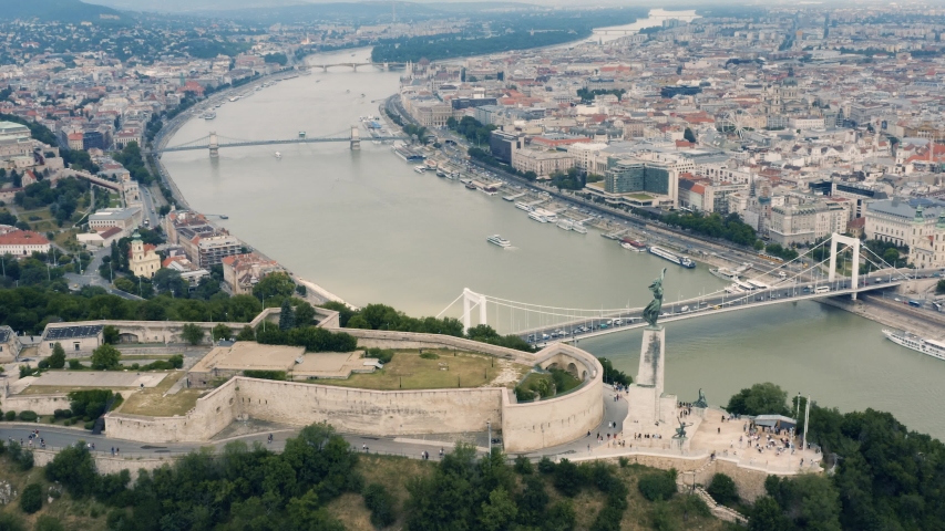 Aerial view of Citadella and Liberty Statue in Budapest, Hungary