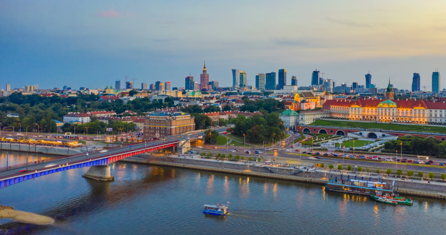 City panorama, Warsaw skyline, Warsaw skyscrapers, City of Warsaw skyline at sunset in Poland, Warsaw Panorama Royalty-Free Stock Footage #1033939154