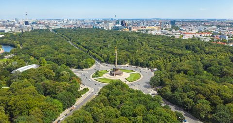 Berlin's Victory Column (Siegessaeule) in Tiergarten Park. Hyperlapse.