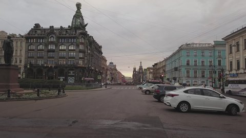 Aerial taking off in the old center, Nevsky Prospect, Griboedov canal, early morning in Saint Petersburg
