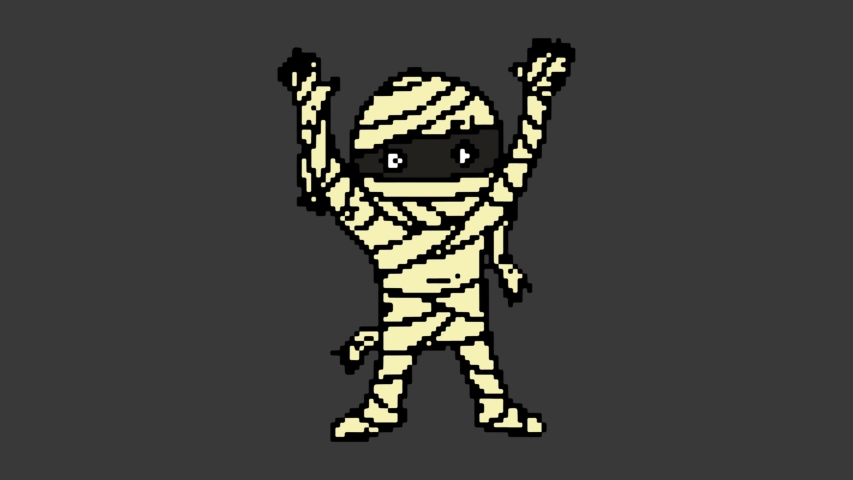 digital pixel art animation black screen with theme of mummy