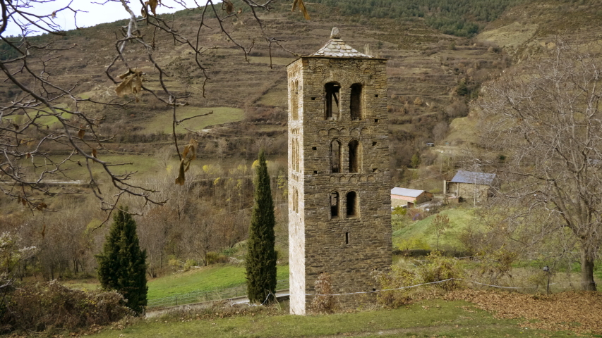 Architecture of Andorra. The exterior of an ancient catholic church. 4K