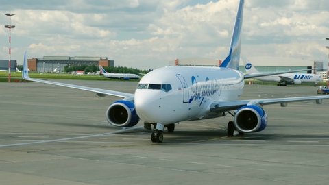Moscow, Russia - July, 2019: Boeing 737-800 of Yakutia airlines taxiing for take off at Vnukovo international airport