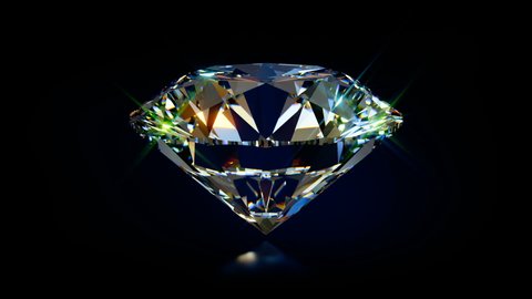 Sparkling round cut diamond rotating on black - dark blue glossy background. 3D seamless loop animation