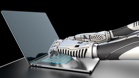 3d Rendered highly detailed Robot Arms typing on laptop keyboard 4k ProRes with alpha channel