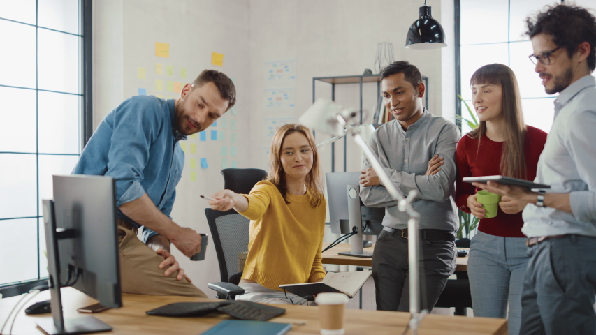 In the Modern Office: Diverse Group of Colleagues Have Meeting, Develop Strategy, Discuss Project Progress, Customer Experience Management also Have a bit Of Fun and Jokes. Smiling Businesspeople Chat | Shutterstock HD Video #1033983023