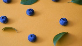 Blueberries and green leaves on yellow background. Movie blueberry 4k video. Ripe and juicy fresh picked bilberries close up. Top view