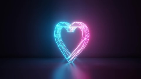 3d rendering glowing blue purple neon laser light with wireframe symbol of heart in empty space corner seamless fade animation