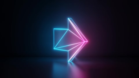 3d rendering glowing blue purple neon laser light with wireframe symbol of right arrow in empty space corner seamless fade animation