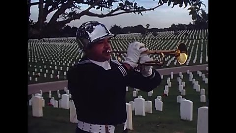 CIRCA 1960s - The grave of Chester Nimitz is shown as well as a bugler and a military band at the funeral for Admiral Raymond Ames Spruance.