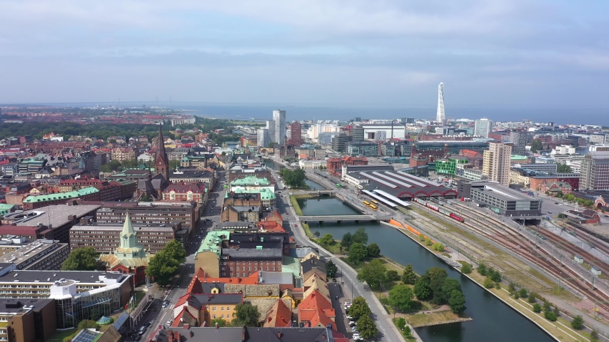 Aerial view of the Malmo Central Station on the background of the cityscape, Sweden