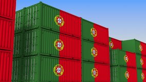 Container yard full of containers with flag of Portugal. Portuguese export or import related loopable 3D animation - Powered by Shutterstock - Get 15% off with code: PIKWIZARD15