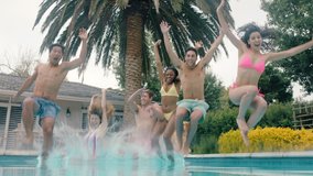 cool friends jumping in swimming pool having fun celebrating summer vacation together group of teenagers enjoying pool party on sunny day underwater view 4k - Powered by Shutterstock - Get 15% off with code: PIKWIZARD15
