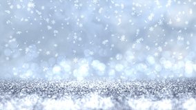 Silver gray glimmered seamless loop abstract Christmas motion background with falling snowflakes . Looped 4K motion graphic.