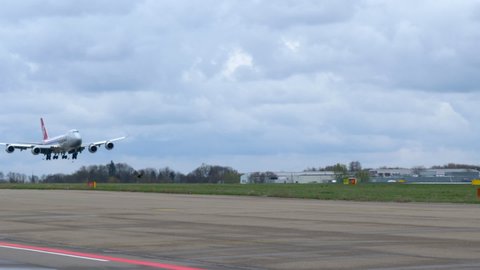 Maastricht, Netherlands - 04 03 2019: A Cargolux Boeing 747 landing at Maastricht-Aachen Airport.