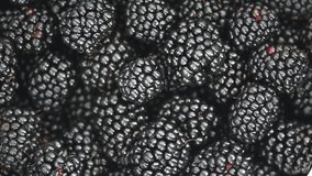 Blackberry closeup background. Fresh Ripe organic black berries rotation backdrop close-up. Bio Blackberries top view, flat lay background. Macro shot. Market. Vegan food.  Slow motion 4K UHD video