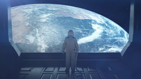 Alone astronaut in futuristic space corridor, room. View of the earth. 4K