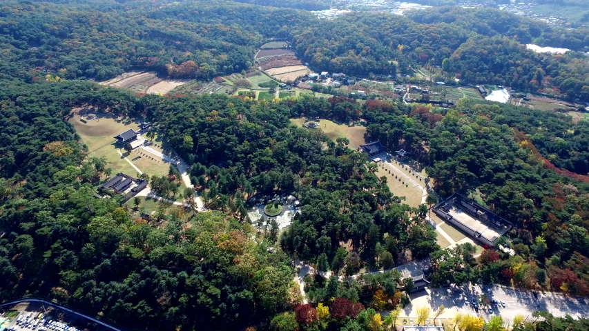 This is an aerial view of the tombs of Korean kings and queens located in Namyangju, Korea. The names are called Hongneung and Yurung.
