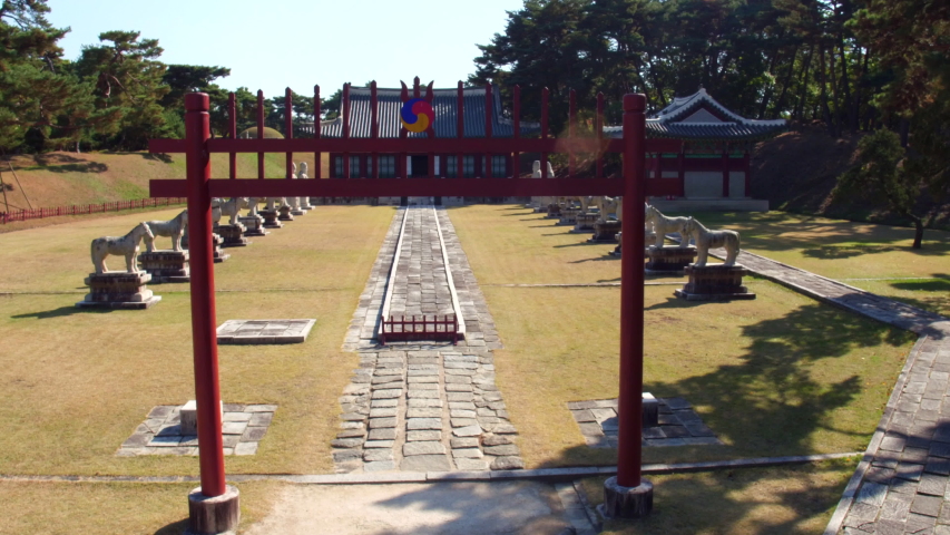 This is an aerial view of the tombs of Korean kings and queens located in Namyangju, Korea. The names are called Hongneung and Yurung.