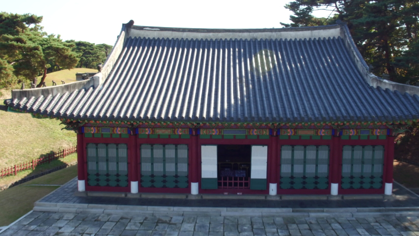 This is an aerial view of the tombs of Korean kings and queens located in Namyangju, Korea. The names are called Hongneung and Yurung.