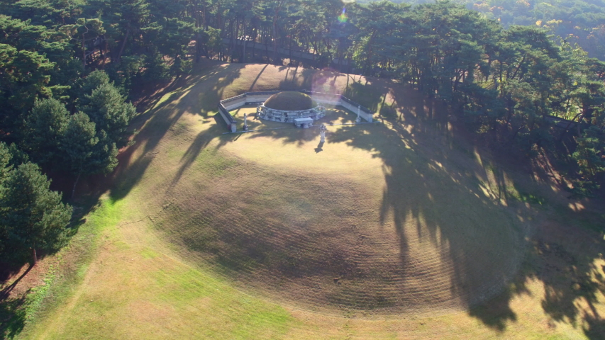This is an aerial view of the tombs of Korean kings and queens located in Namyangju, Korea. The names are called Hongneung and Yurung.
