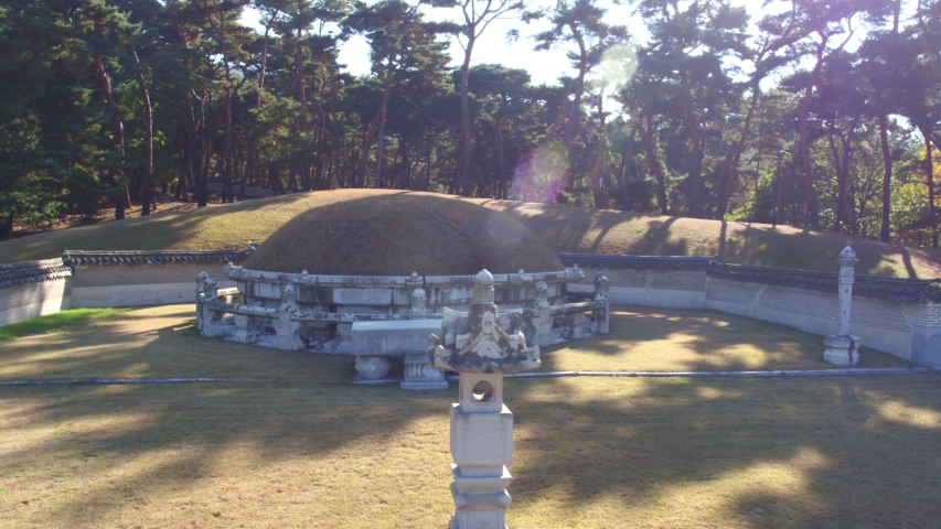 This is an aerial view of the tombs of Korean kings and queens located in Namyangju, Korea. The names are called Hongneung and Yurung.