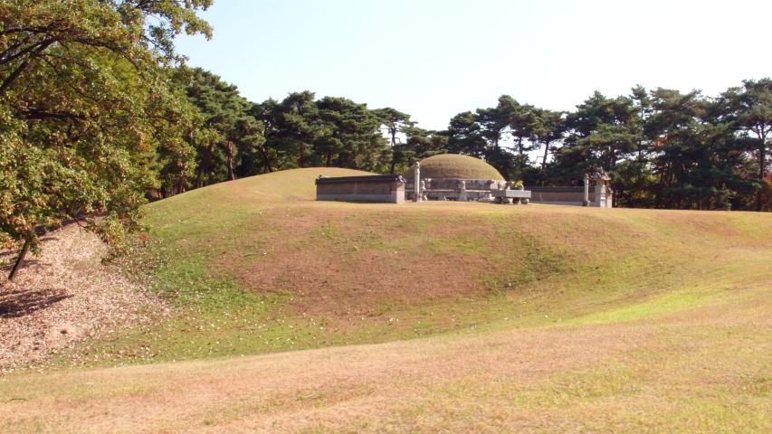 This is an aerial view of the tombs of Korean kings and queens located in Namyangju, Korea. The names are called Hongneung and Yurung.