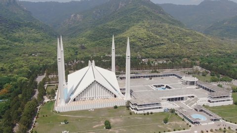 Shah Faisal Mosque is one of the largest Mosques in the World which is situated in Islamabad, Pakistan. (aerial photography)