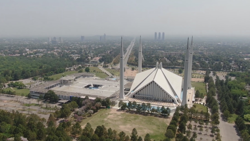 Shah Faisal Mosque is one of the largest Mosques in the World which is situated in Islamabad, Pakistan. (aerial photography)
