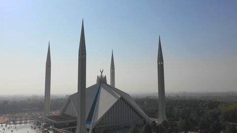 Shah Faisal Mosque is one of the largest Mosques in the World which is situated in Islamabad, Pakistan. (aerial photography)