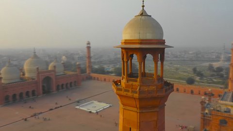 The Emperor's Mosque - Badshahi Masjid in Lahore, Pakistan Dome with Minarets (aerial photography)