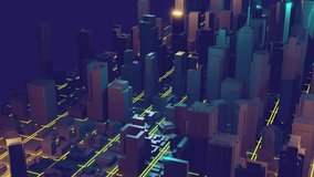 3d city rendering with lines and digital elements. Digital skyscrapers. Technology video concept.