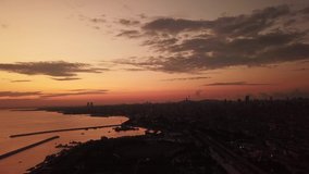 Aerial View drone 4k footage of istanbul city with colorful sunset 