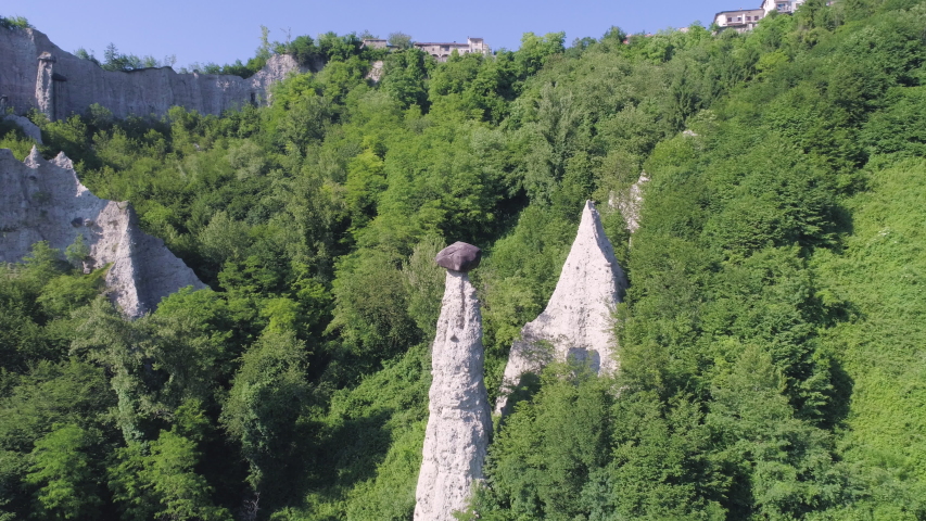 Aerial shot of the hoodoos at Zone, lake Iseo, Italy