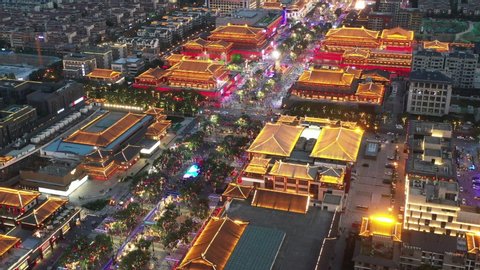 aerial video of xian, the tang dynasty style building was ablaze with lights, China