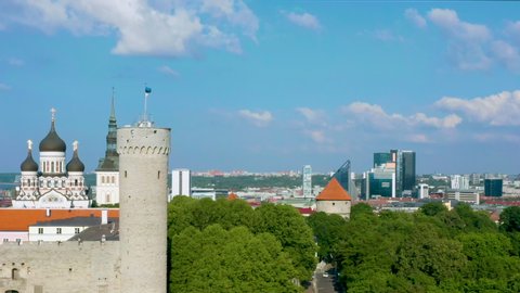 Tallinn old town and downtown aerial panorama featuring Tall Hermann and the Toompea castle (Estonian parliament building). Alexander Nevsky Cathedral in the back