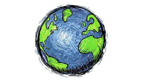Earth. Crazy cartoon blue green pulsing hand drawn globe. Very dynamic. Alpha channel, loop. Good for motion design, whiteboard, etc...
