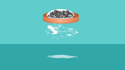 Sieve, Sift, Elimination. Separation mixtures.Sifting through a sieve to separate rough elements such as sand is called elimination. 2d cartoon animation. Turquoise background