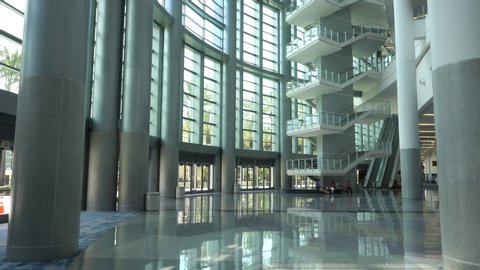 Anaheim, CA / USA - July 22, 2019: The light-filled lobby of the Anaheim Convention Center