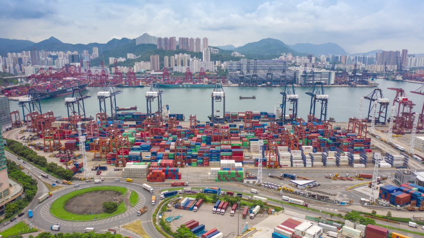 aerial view hyperlapse 4k video of container cargo ship in export and import business and logistics international goods in Hong Kong. hyper lapse Royalty-Free Stock Footage #1034092133