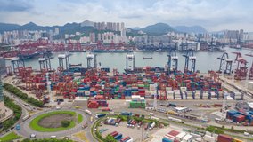 aerial view hyperlapse 4k video of container cargo ship in export and import business and logistics international goods in Hong Kong. hyper lapse