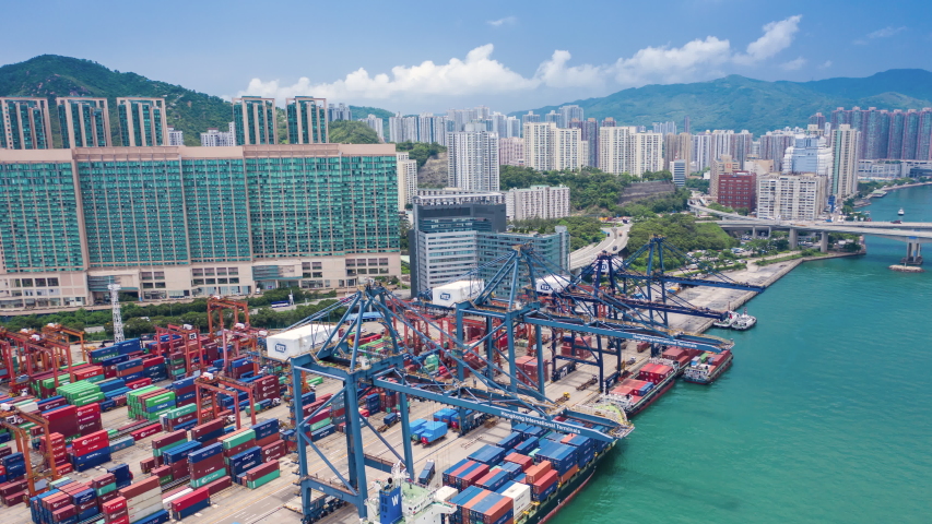 aerial view hyperlapse 4k video of container cargo ship in export and import business and logistics international goods in Hong Kong. hyper lapse Royalty-Free Stock Footage #1034092991