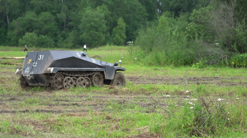Armored. Old military equipment demonstrates its capabilities at the range, in conditions close to the battle. 