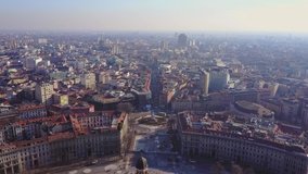Milan Italy cityscape aerial panorama 4k horizontal boulevard Italian Boulevard Aerial footage - Riprese Erie Short flight of skyscrapers on a clear day Architecture of the city. Autumn evening. Drone
