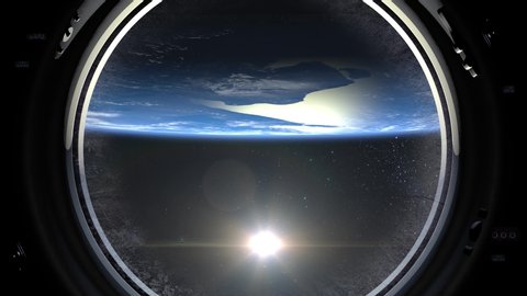 Earth as seen through big window of International space station. Flight Of The Space Station. The earth rotates backward. Realistic atmosphere. Volumetric clouds. View from space. Starry sky. 4K.