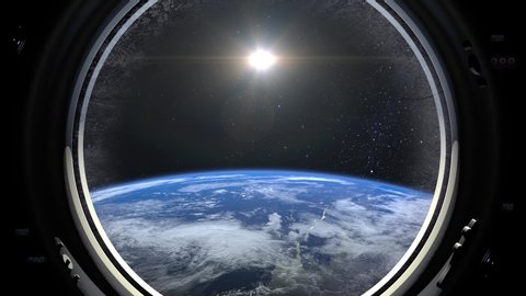 A view of the Earth through the big porthole of a spaceship. International space station is orbiting the Earth. Realistic atmosphere. 3D Volumetric clouds. Space. ISS. 4K. Video de stock